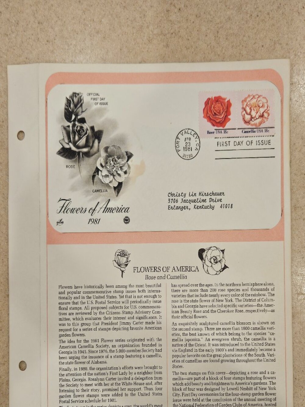 RARE COLLECTIBLE USPS 1ST DAY ISSUE COVER FLOWERS OF AMERICA CAMELLIA ROSE STAMP